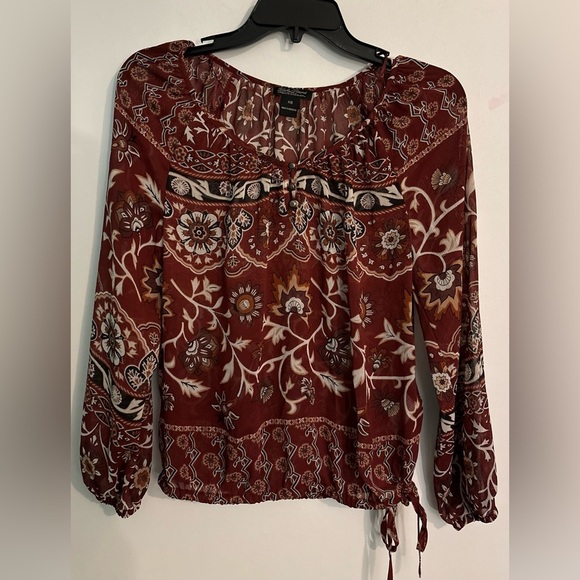 Lucky Brand‎ Womens Sz XS Brown Floral Peasant Top Sheer Bohemian Tie Waist - Picture 1 of 10